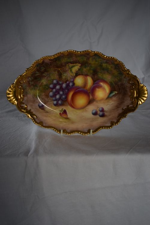 ROYAL WORCESTER PAIR OF OVAL PAINTED FRUIT DESSERT DISHES STAR EDGE DECORATED BY H AYRTON - ADDITIONAL PHOTO 1