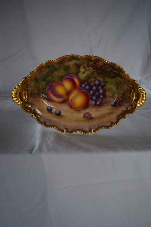 ROYAL WORCESTER PAIR OF OVAL PAINTED FRUIT DESSERT DISHES STAR EDGE DECORATED BY H AYRTON - ADDITIONAL PHOTO 2