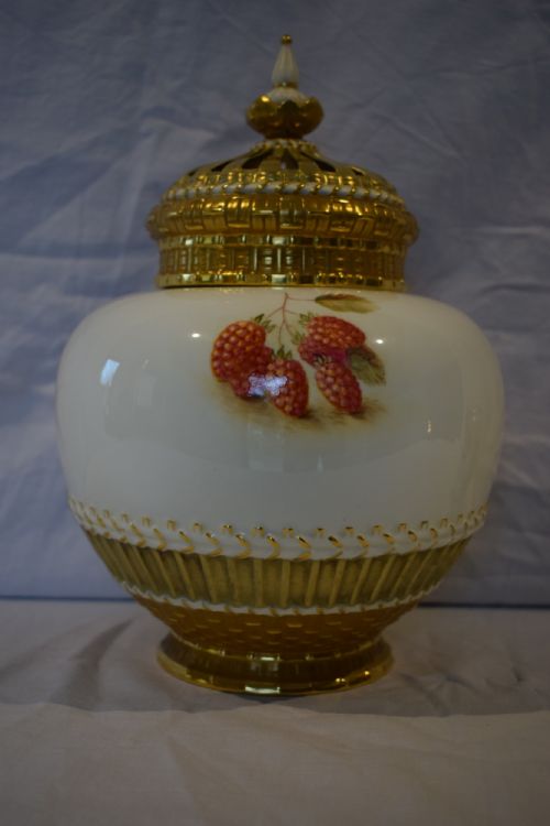 ROYAL WORCESTER PAINTED FRUIT POT POURRI VASE BY H AYRTON - ADDITIONAL PHOTO 2