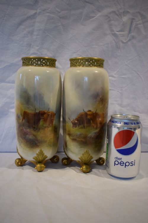 ROYAL WORCESTER PAIR OF SPILL VASES DECORATED CATTLE BY STINTON - ADDITIONAL PHOTO 1