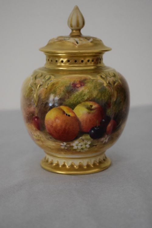 royal worcester painted fruit pot pourri signed ricketts - CATEGORY: ANTIQUE VASES - DATED 1930