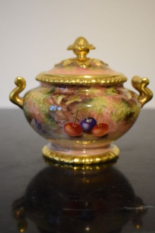 ROYAL WORCESTER PAINTED FRUIT ROPE EDGE COVERED SUGAR BOWL BY FREEMAN - ADDITIONAL PHOTO 1