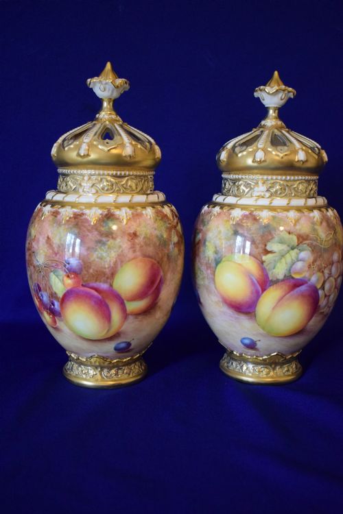 ROYAL WORCESTER PAIR OF PAINTED FRUIT 3 PIECE ROSE JARS BY FREEMAN - ADDITIONAL PHOTO 1