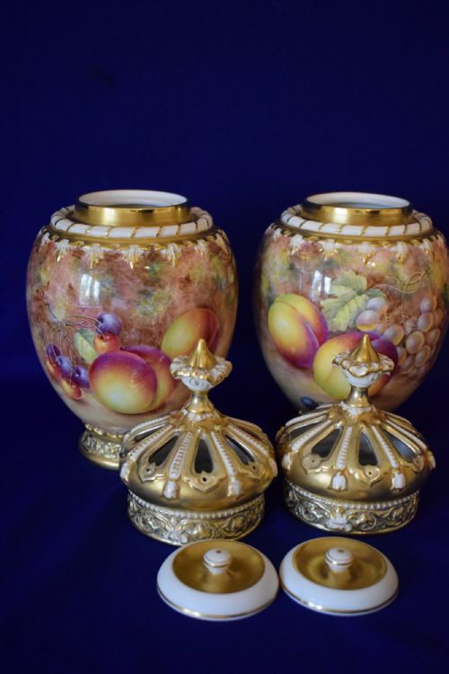 ROYAL WORCESTER PAIR OF PAINTED FRUIT 3 PIECE ROSE JARS BY FREEMAN - ADDITIONAL PHOTO 3