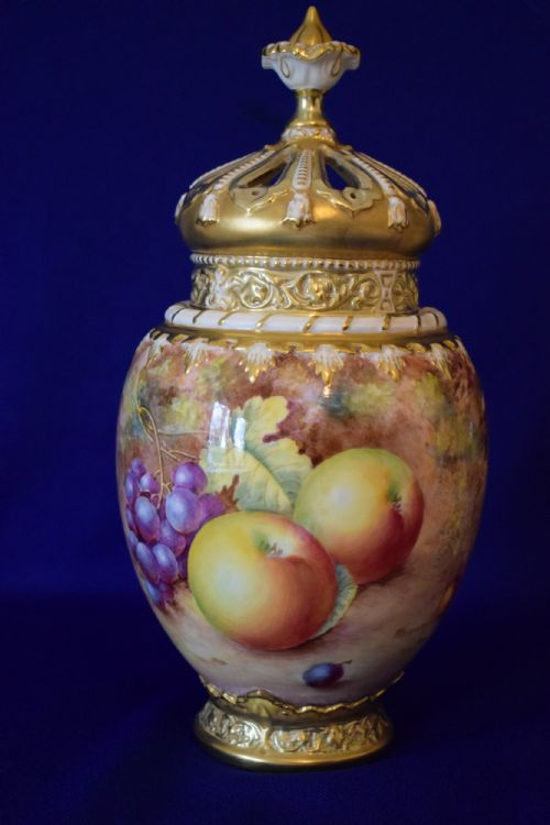 ROYAL WORCESTER PAIR OF PAINTED FRUIT 3 PIECE ROSE JARS BY FREEMAN - ADDITIONAL PHOTO 4