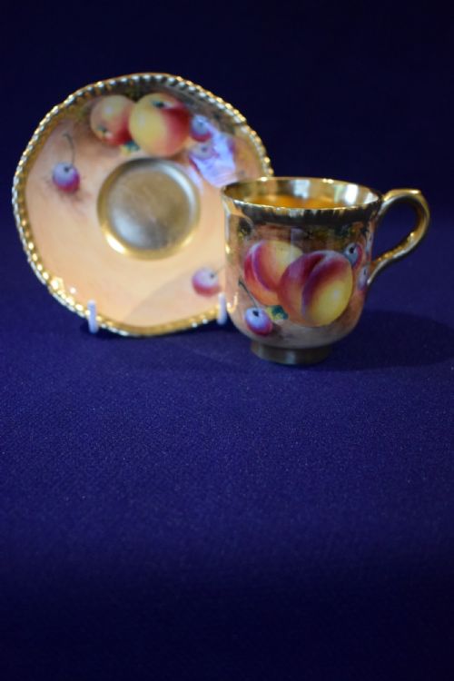 royal worcester painted fruit rope edge coffee cup and saucer - CATEGORY: ANTIQUE CUPS - DATED 1960