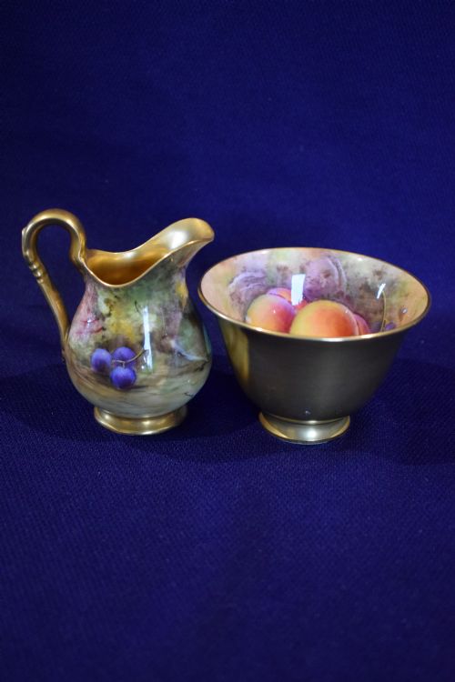 ROYAL WORCESTER PAINTED FRUIT MINIATURE SUGAR BOWL AND CREAM JUG - ADDITIONAL PHOTO 2