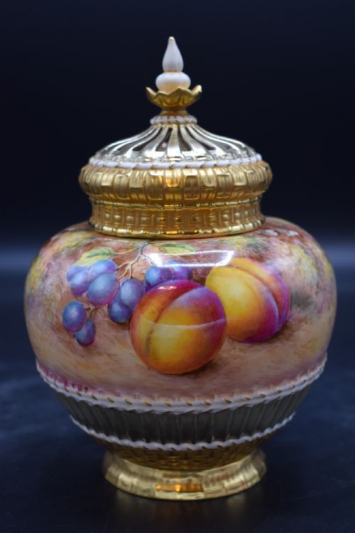 ROYAL WORCESTER PAINTED FRUIT POT POURRI VASE - ADDITIONAL PHOTO 1