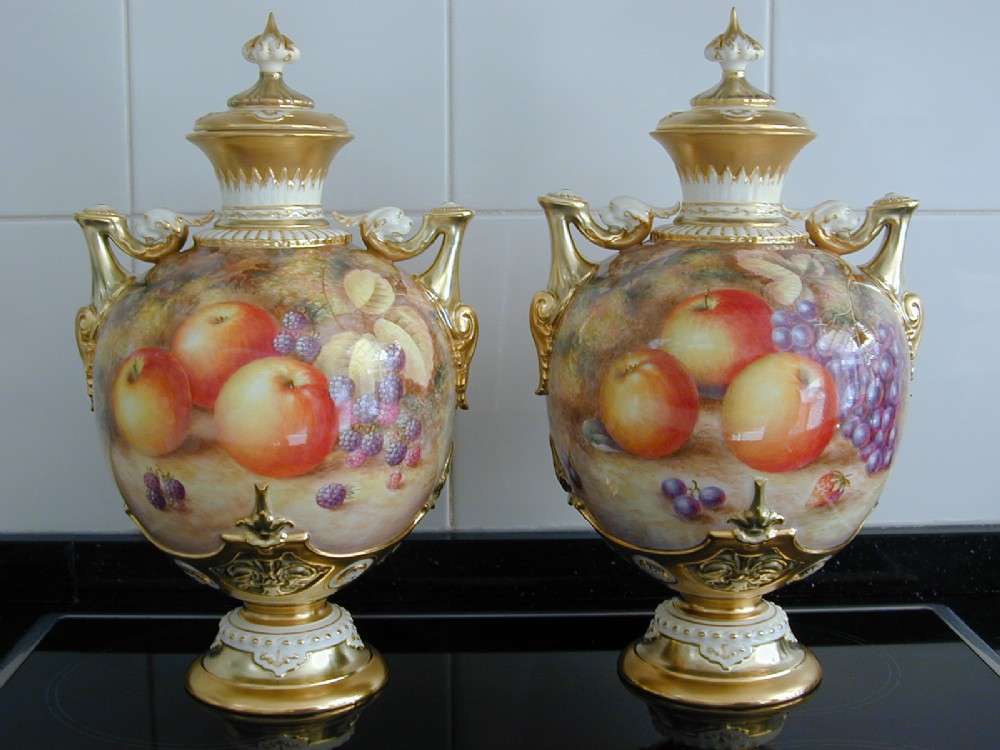 Royal Worcester pair of large fruit painted vases and covers signed Ayrton