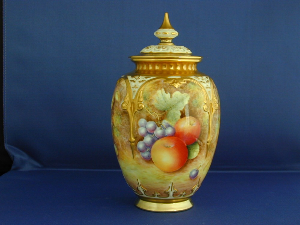 Royal Worcester artist signed fruit decorated pot pourri vase