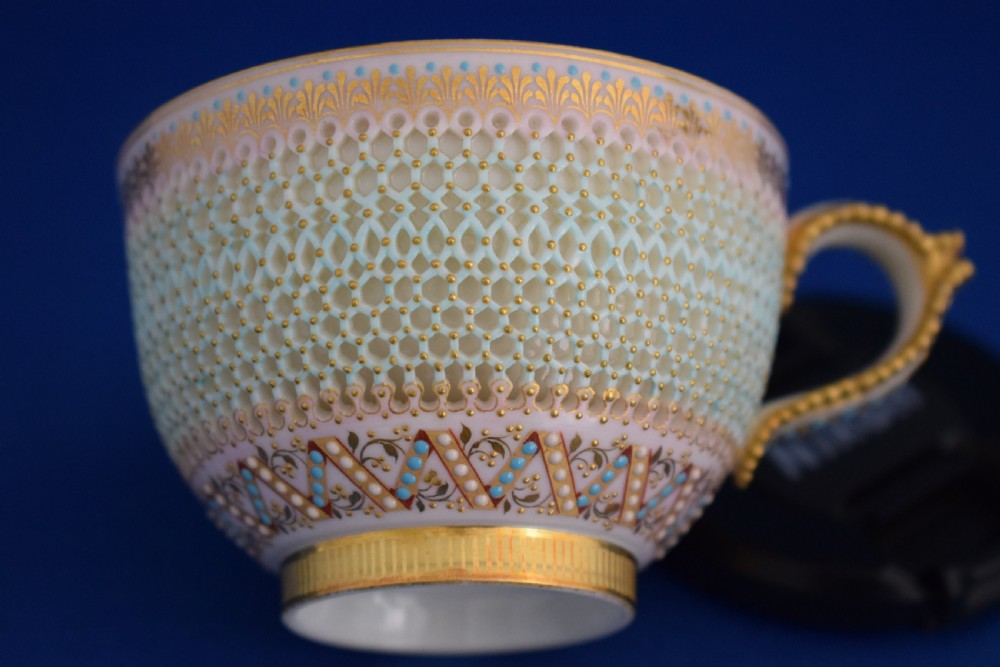 Royal Worcester reticulated cup and saucer by George Owen View VIII