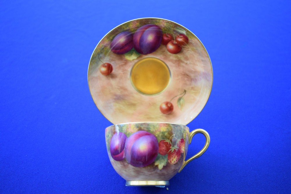 Royal Worcester fruit painted cup and saucer signed Ayrton