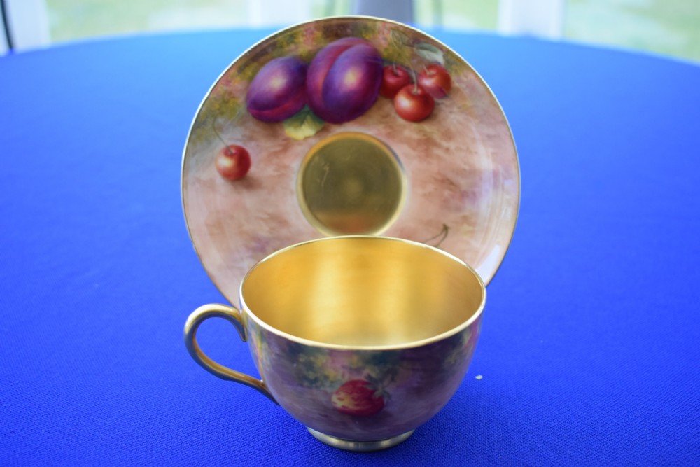 Royal Worcester fruit painted cup and saucer signed Ayrton View II