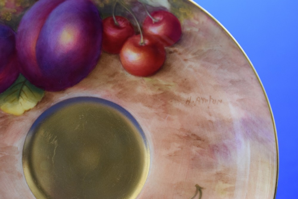 Royal Worcester fruit painted cup and saucer signed Ayrton View IV