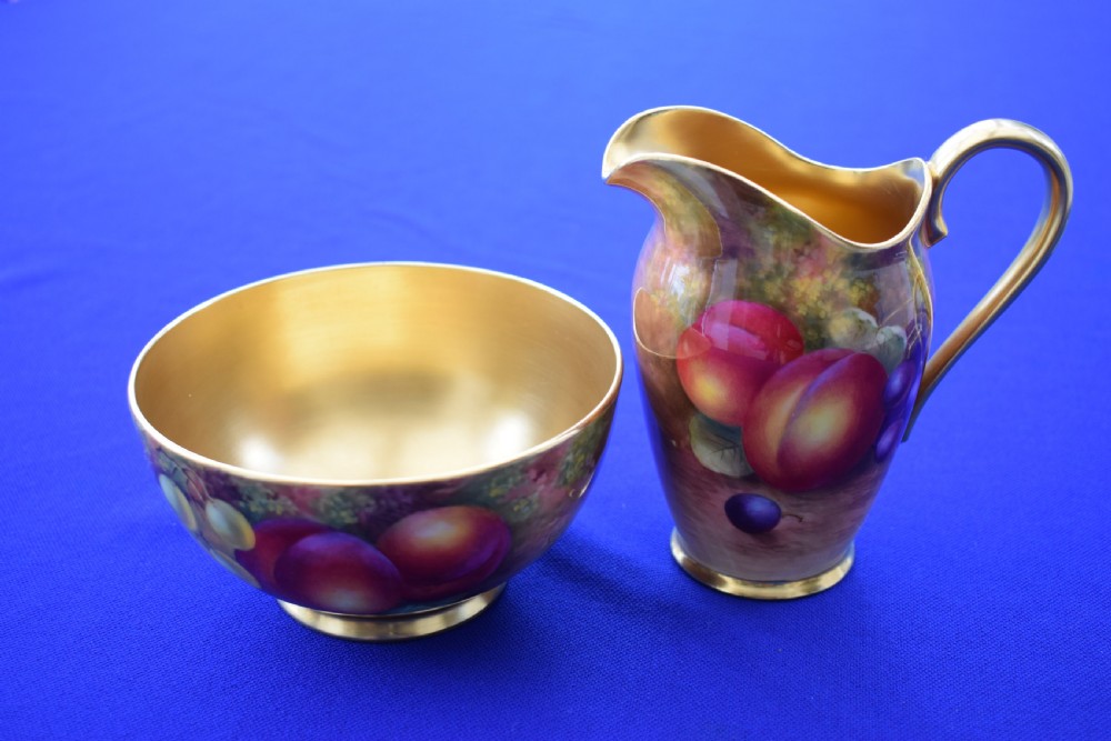 Royal Worcester Cream jug and Sugar bowl painted fruit by Ayrton and Townsend