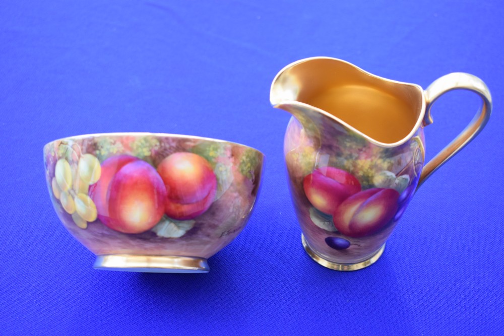 Royal Worcester Cream jug and Sugar bowl painted fruit by Ayrton and Townsend View II