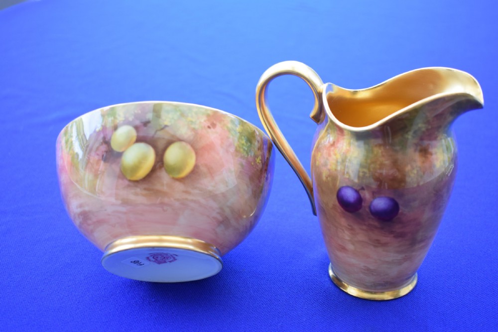 Royal Worcester Cream jug and Sugar bowl painted fruit by Ayrton and Townsend View III