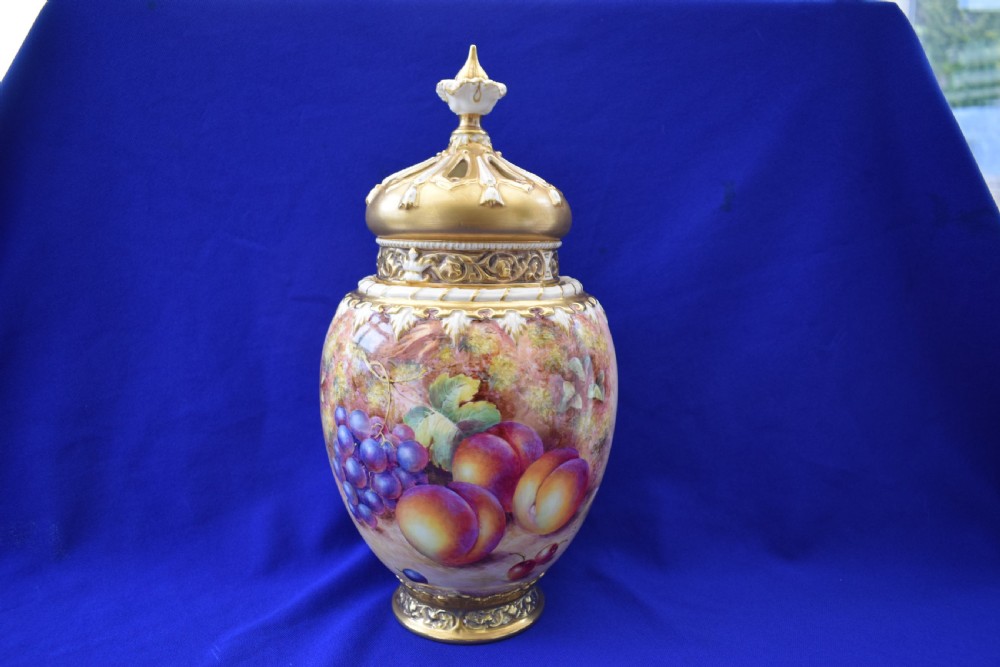 Royal Worcester 3 piece pot pourri vase painted fruit by Freeman