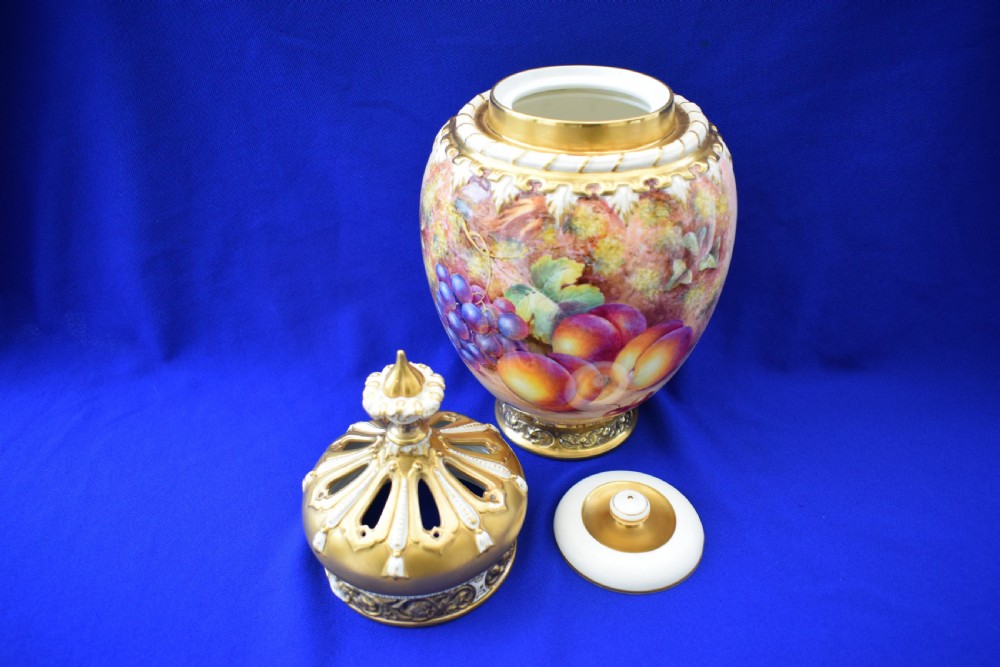 Royal Worcester 3 piece pot pourri vase painted fruit by Freeman View IV