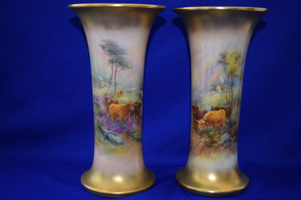 Royal Worcester pair of vases, highland cattle by Harry Stinton
