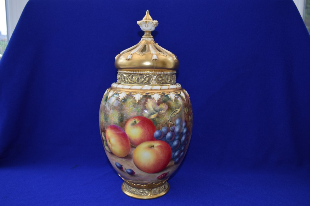 Royal Worcester 3 piece pot pourri vase painted fruit by H Ayrton