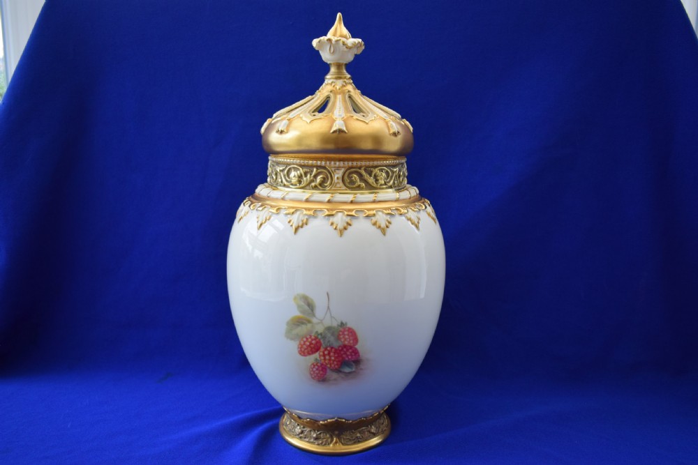 Royal Worcester 3 piece pot pourri vase painted fruit by H Ayrton View II