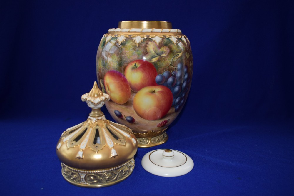 Royal Worcester 3 piece pot pourri vase painted fruit by H Ayrton View III