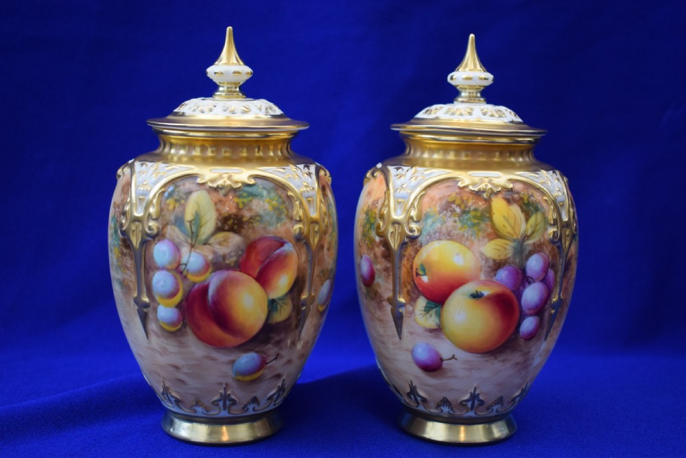 Royal Worcester pair of artist signed painted fruit pot pourri vases.