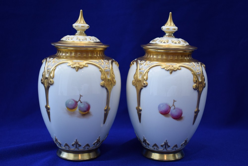 Royal Worcester pair of artist signed painted fruit pot pourri vases. View II