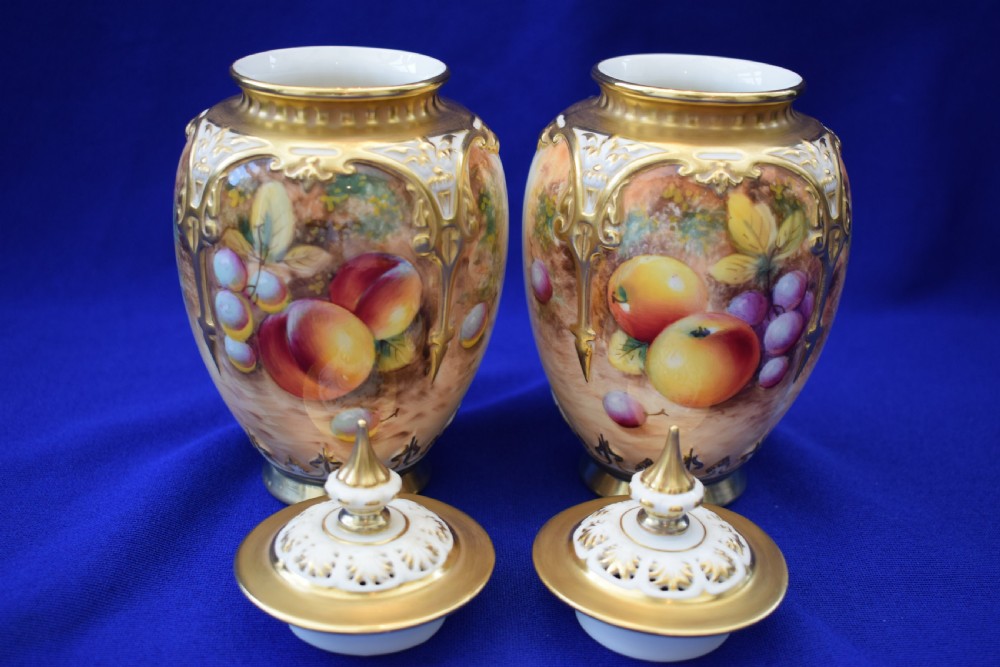 Royal Worcester pair of artist signed painted fruit pot pourri vases. View III