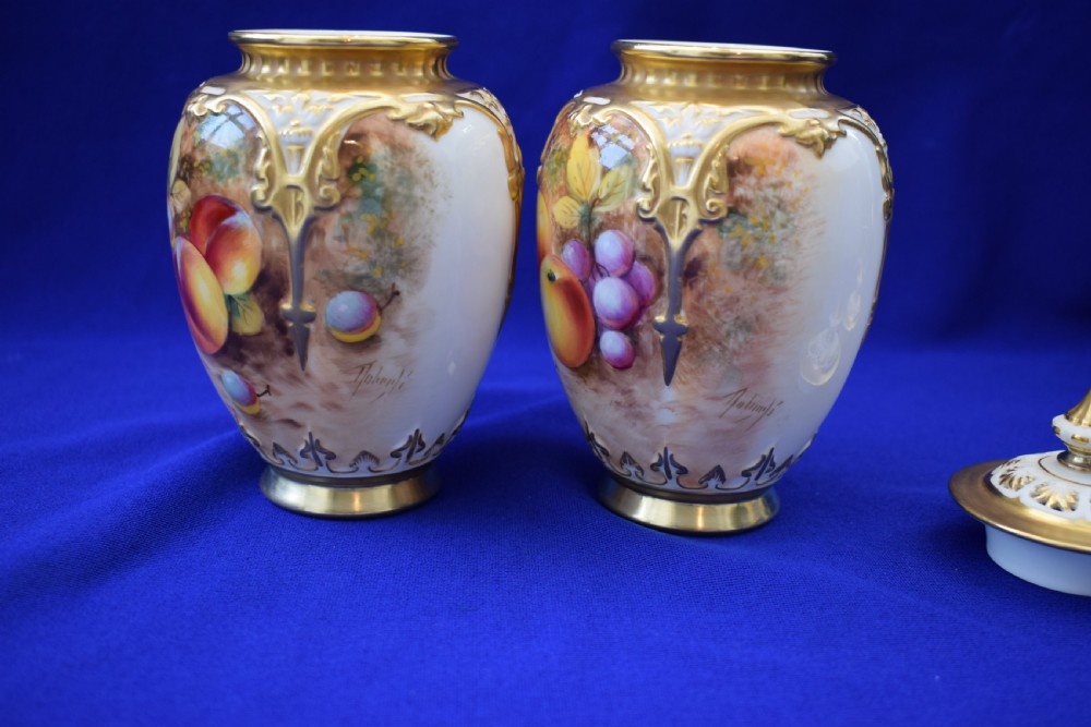 Royal Worcester pair of artist signed painted fruit pot pourri vases. View IV