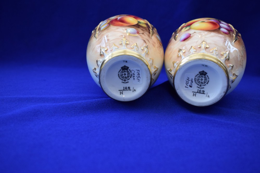 Royal Worcester pair of artist signed painted fruit pot pourri vases. View V