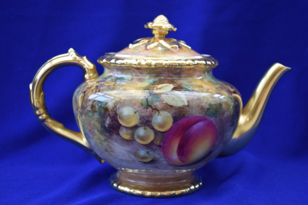Royal Worcester rope edge painted fruit teapot of large size. View II