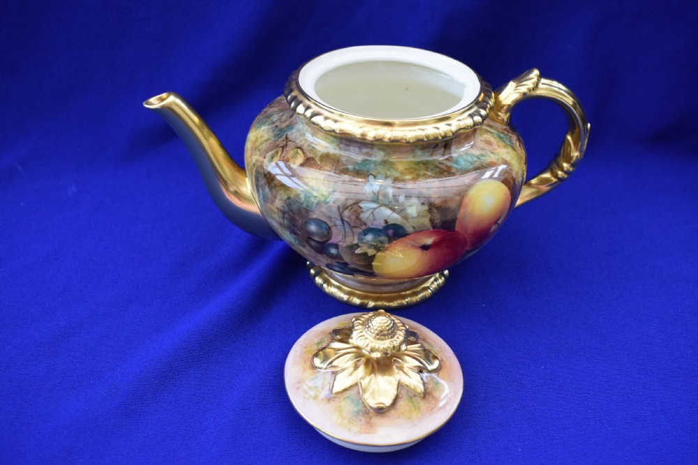 Royal Worcester rope edge painted fruit teapot of large size. View IV