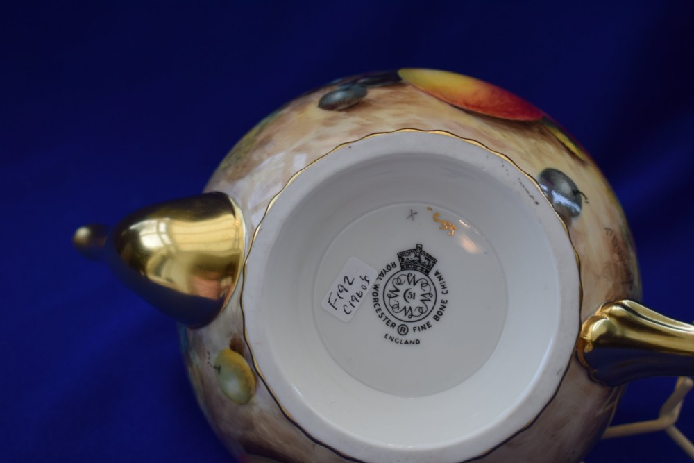 Royal Worcester rope edge painted fruit teapot of large size. View V