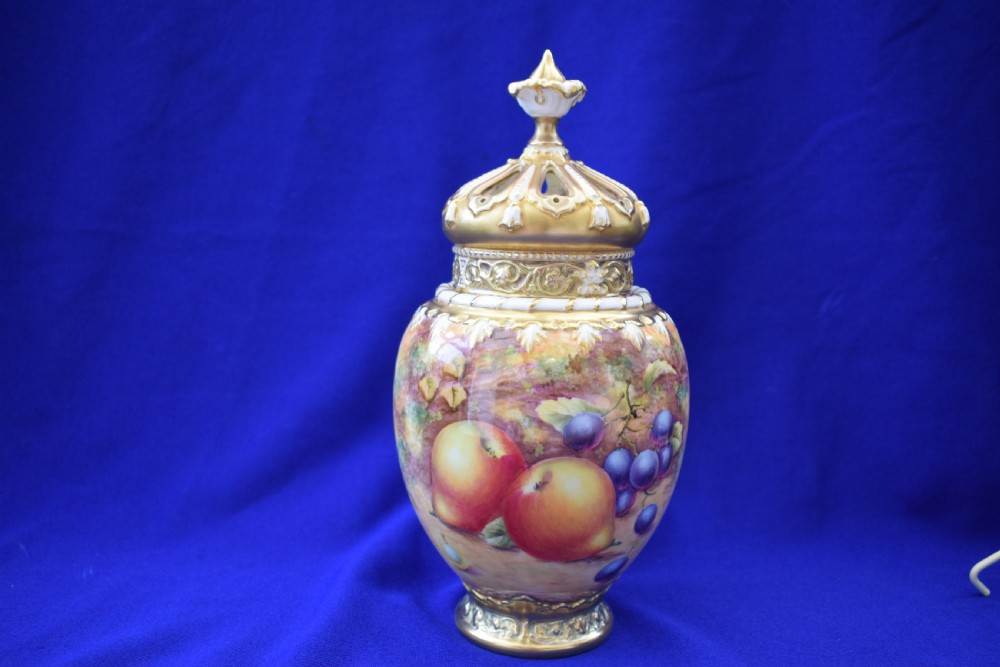 Royal Worcester 3 piece painted fruit pot pourri vase