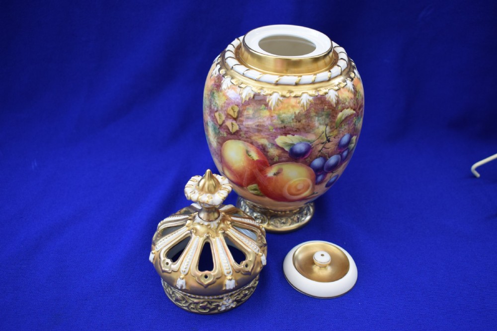 Royal Worcester 3 piece painted fruit pot pourri vase View IV