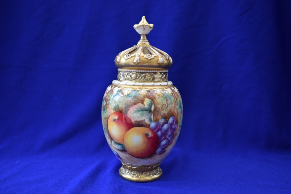 Royal Worcester painted fruit 3 piece pot pourri vase
