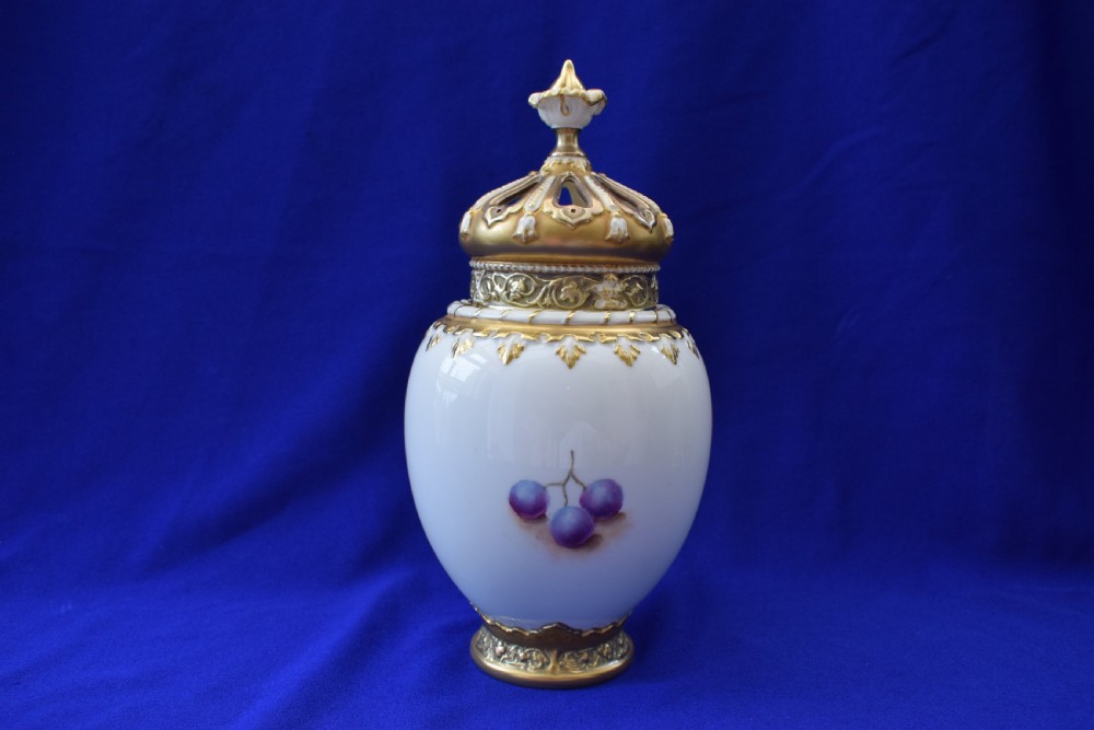Royal Worcester painted fruit 3 piece pot pourri vase View II