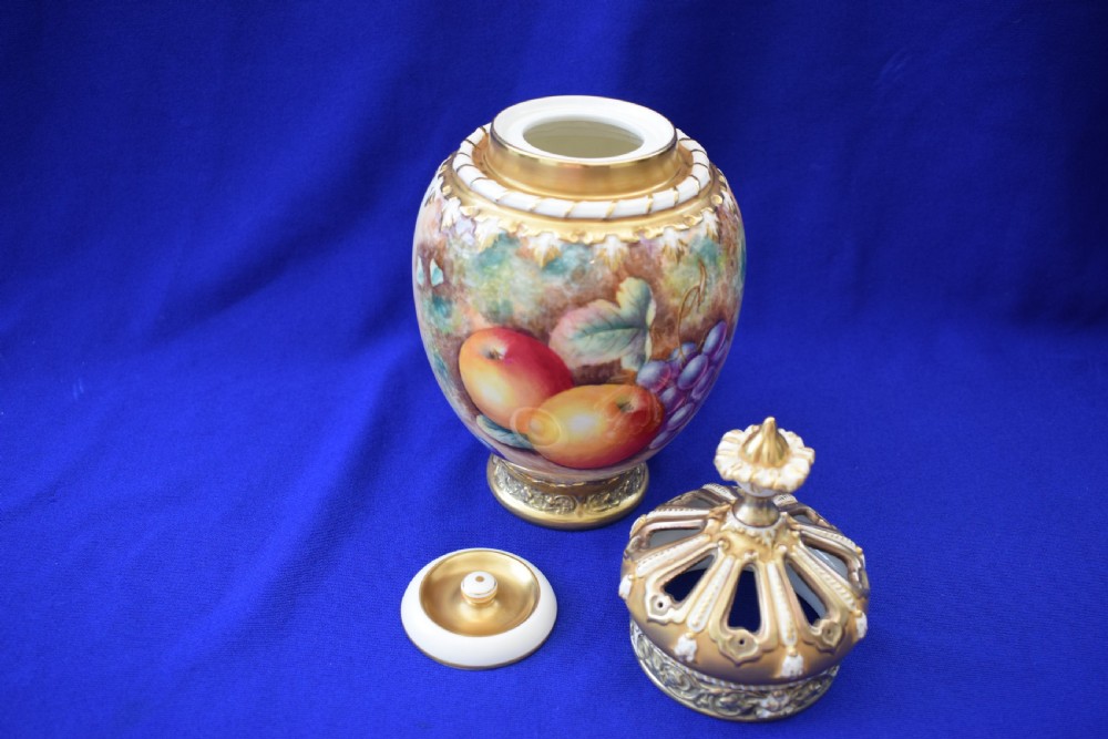 Royal Worcester painted fruit 3 piece pot pourri vase View IV