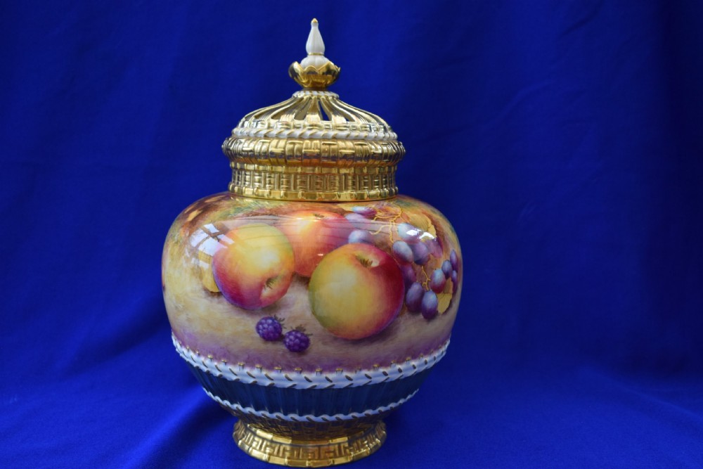 Royal Worcester painted fruit 3 piece pot pourri vase
