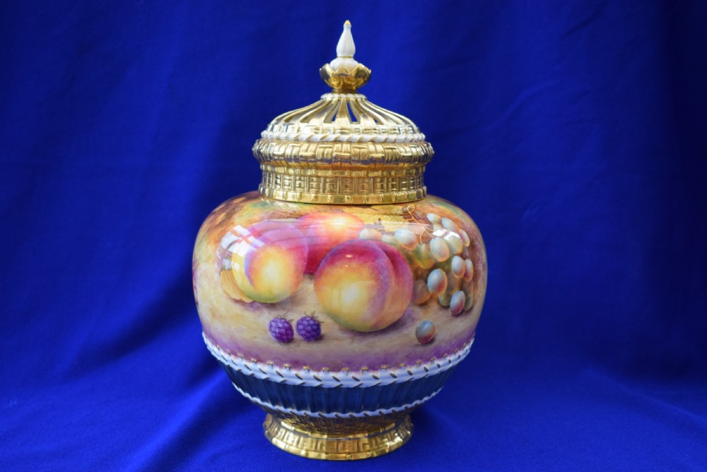 Royal Worcester painted fruit 3 piece pot pourri vase View II