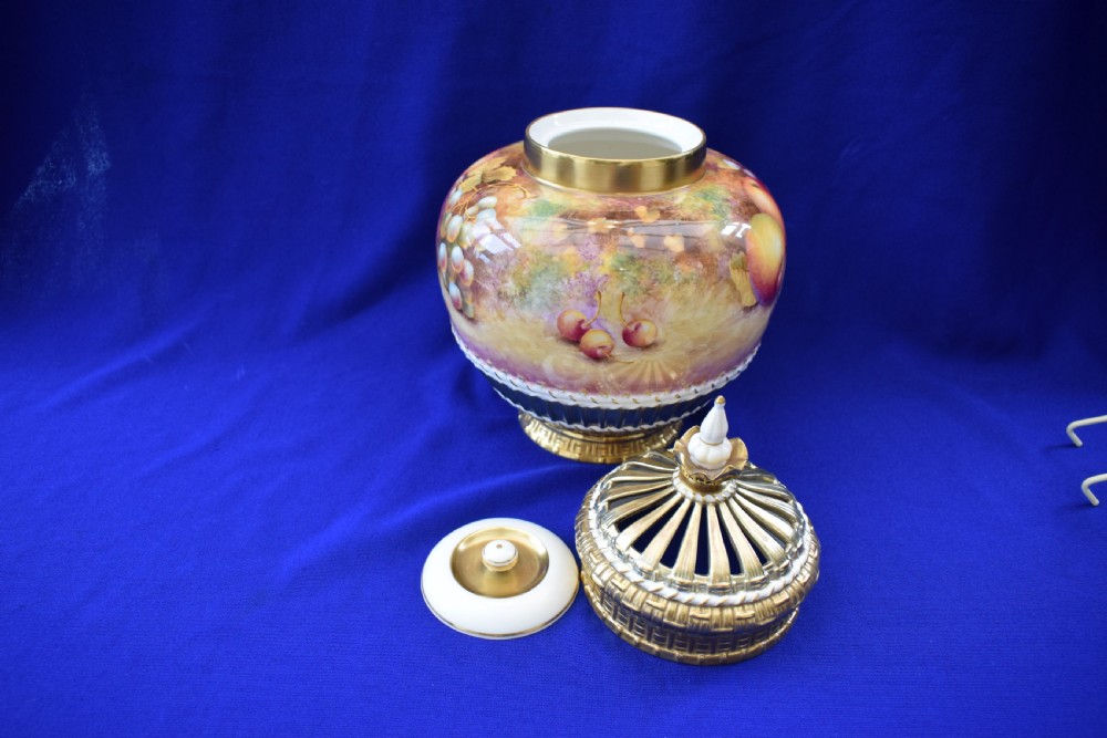 Royal Worcester painted fruit 3 piece pot pourri vase View III
