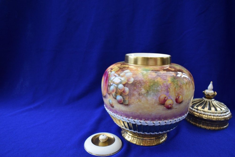 Royal Worcester painted fruit 3 piece pot pourri vase View V