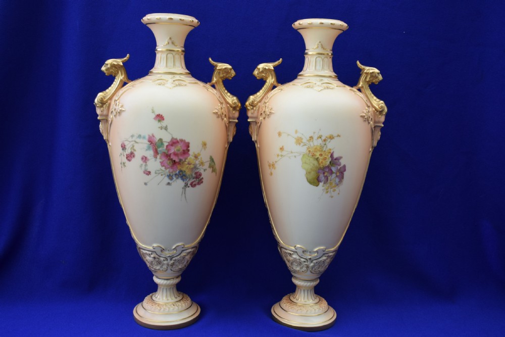 Royal Worcester large pair of blush ivory vases with floral decoration. View II