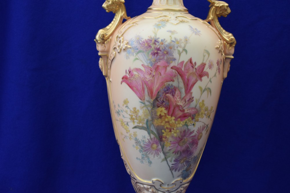 Royal Worcester large pair of blush ivory vases with floral decoration. View III