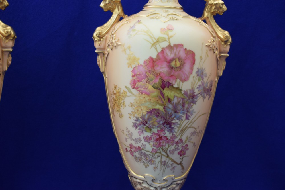 Royal Worcester large pair of blush ivory vases with floral decoration. View IV