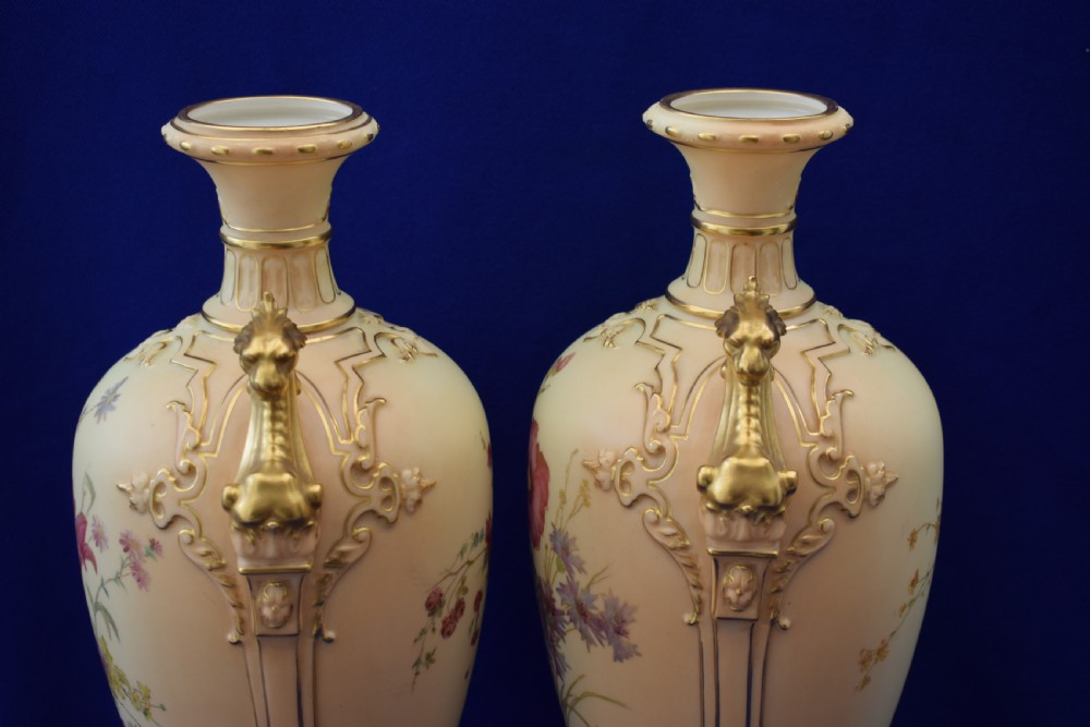 Royal Worcester large pair of blush ivory vases with floral decoration. View V