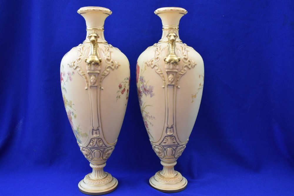 Royal Worcester large pair of blush ivory vases with floral decoration. View VI