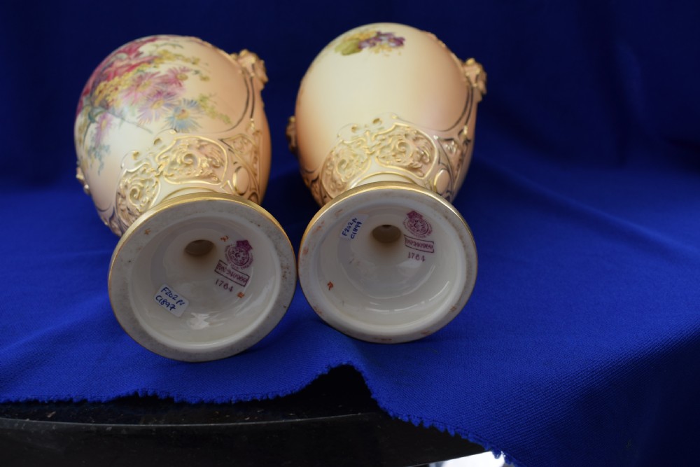 Royal Worcester large pair of blush ivory vases with floral decoration. View VII